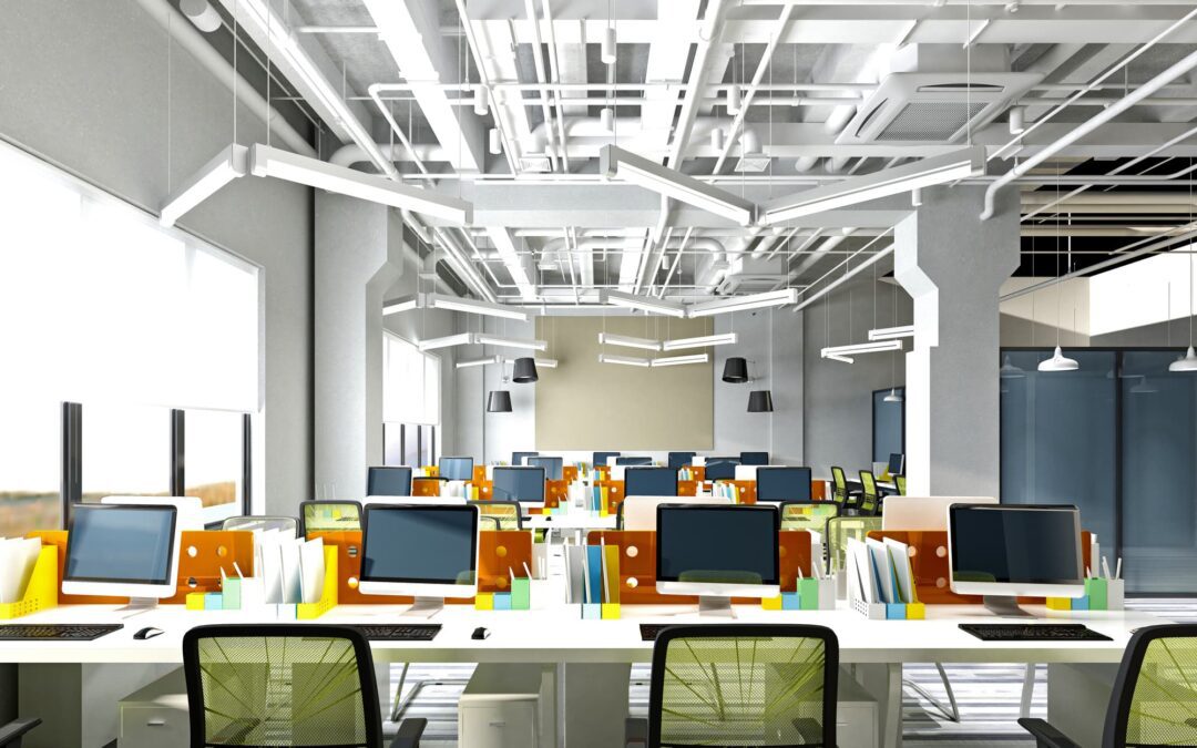 Modern office space with integrated HVAC climate control and exposed ductwork showing smart building ventilation system